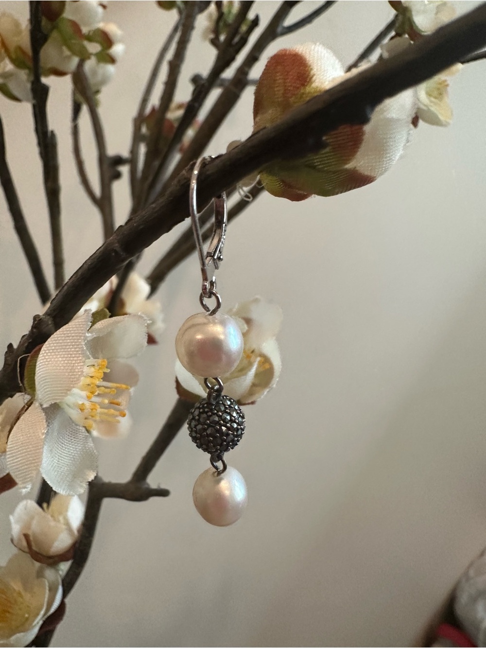 Judith Jack Pearl Drop Earrings with Silver Pave Beads - Picture 4 of 6